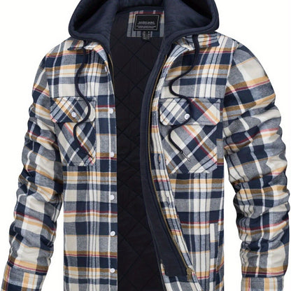 Wohthops Men's Plaid Cotton Hooded Jacket Full Zip Warm Lined Casual Coat with Button Pockets Autumn and Winter Daily Wear Long Sleeve Breathable Windproof Fashionable Jackets for Dating Party Casual Work Camping Fishing Shopping and Other Activities