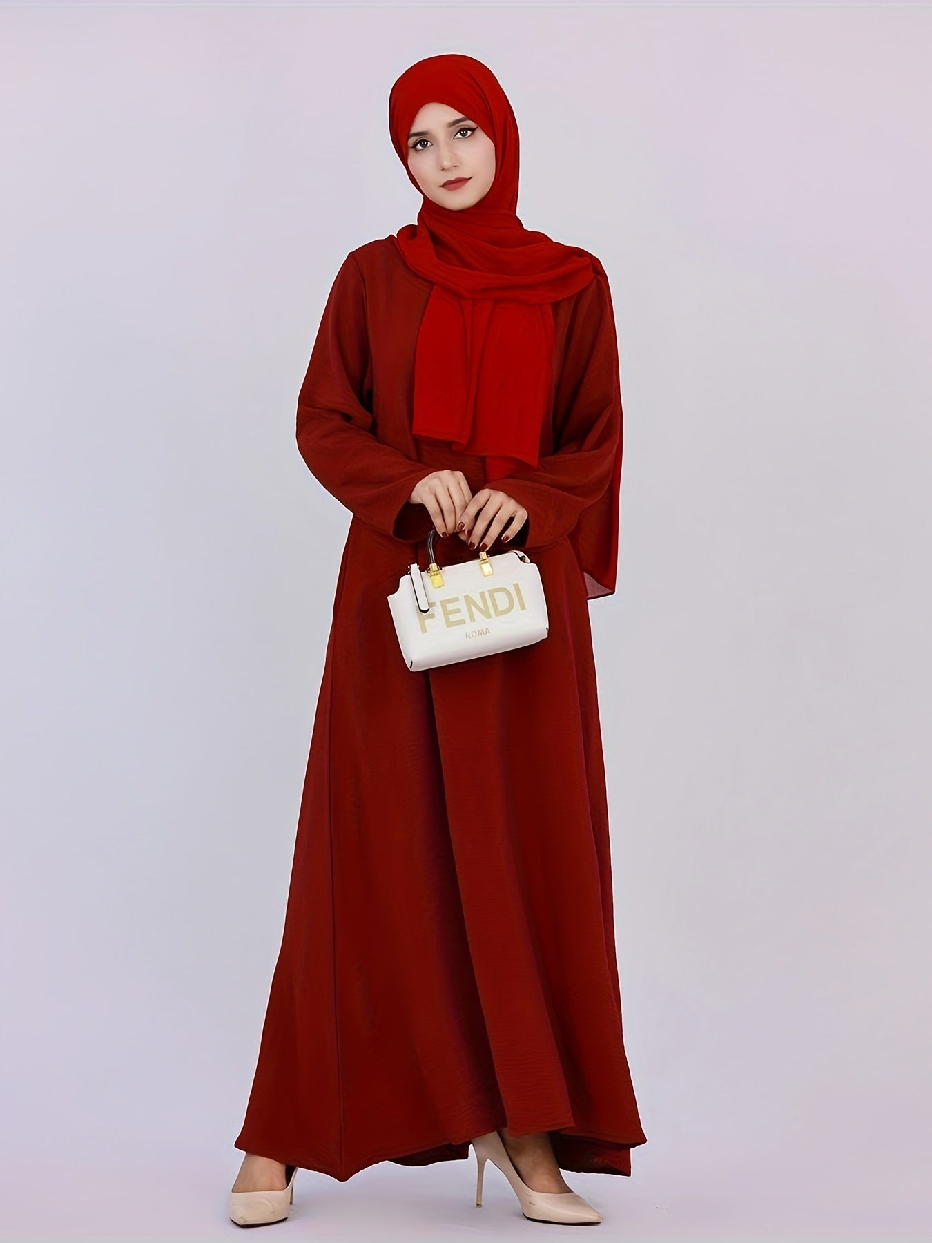 Stylish Crew Neck Long Sleeve Kaftan Maxi Dress - Elegant Solid Color, Flowy Design, Comfortable Wear, Women's Fashion Clothing for Everyday Occasions