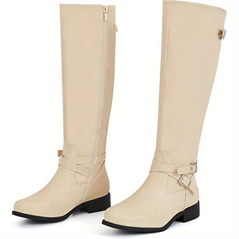 Stylish Women's Knee High Boots - Cross Buckle Strap, Round Toe, Long, Solid Color, Zipper Closure, Comfortable, Versatile, Perfect for Daily Wear and Outings