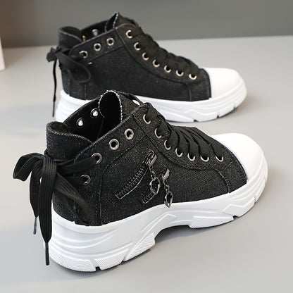 Womens Canvas Platform Sneakers - Zipper Detail, Lace-Up High Tops - Comfortable Sporty Style for All-Occasions