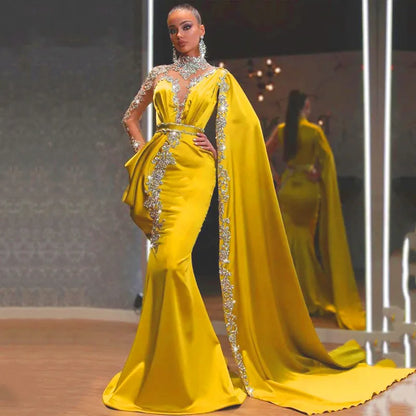 Casual Dresses Gold Party High Neck Beaded Rhinestones Mermaid Prom Gown Cape Long Sleeves Satin Arabic Dubai Yellow size s m l xl 2xl