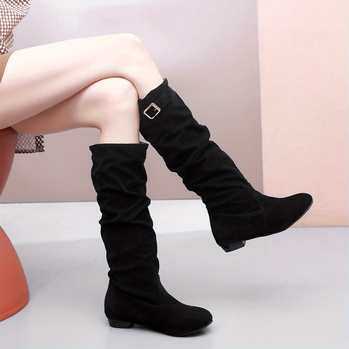 Chic Womens Slouch Knee High Boots with Buckle Accent - Height Enhancing, Versatile for Riding & Style - Timeless Long Boots