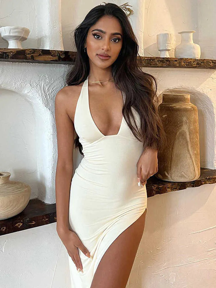 New White Halter Backless Bodycon Slit Prom Maxi Dress Women Summer Elegant Birthday Party Night Evening Ladies Tight Long Dresses