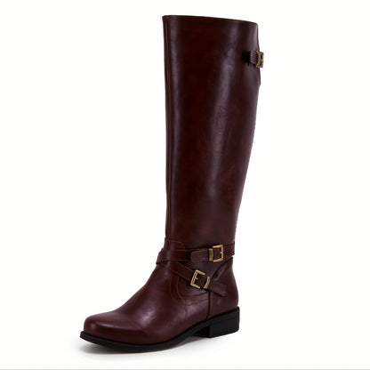 Stylish Women's Knee High Boots - Cross Buckle Strap, Round Toe, Long, Solid Color, Zipper Closure, Comfortable, Versatile, Perfect for Daily Wear and Outings