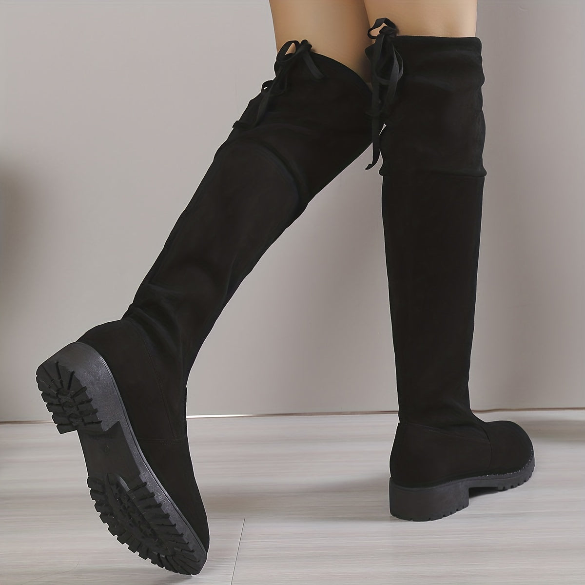 Stretchy Round Toe Knee High Boots - Women's Comfortable Long Boots with Back Lace Up Design - Versatile All-Match Knight Boots for Everyday Wear