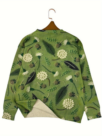 Chic Dandelion Print Thin Sweater - Soft, Breathable, Crew Neck, Long Sleeve, Casual Wear for Spring & Fall - Women's Clothing, Perfect for Outdoor Activities