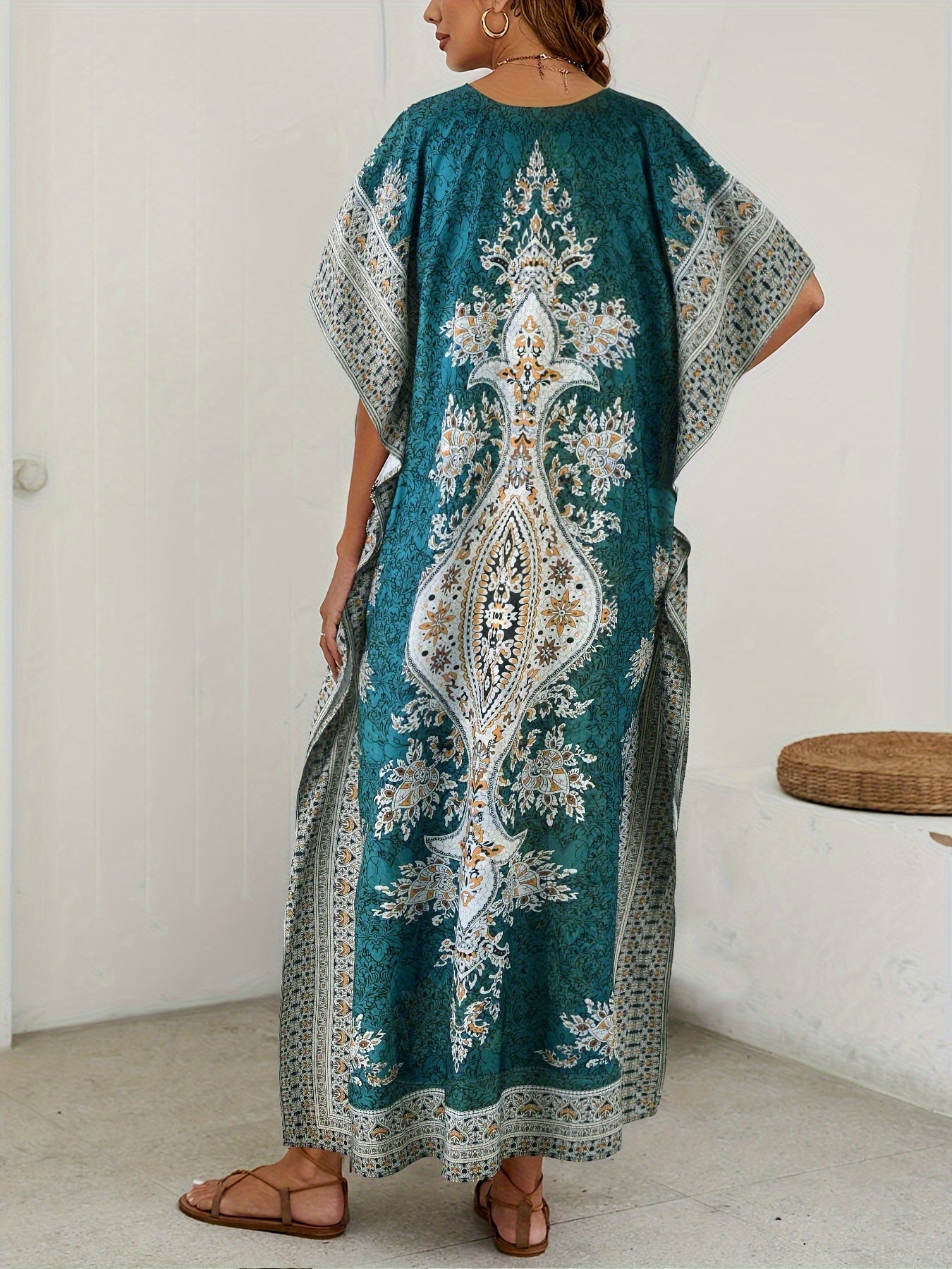 Tribal Chic V-Neck Kaftan Dress with Batwing Sleeves - Machine Washable, Versatile for All Seasons, Drawstring Detail