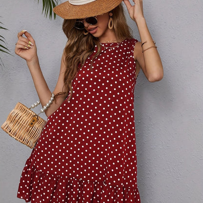 Vibrant Polka Dot Print Crew Neck Tank Dress - Elegant Sleeveless Ruffle Hem Dress for Spring & Summer, Semi-Sheer Woven Acetate Fabric, Customized Style, Womens Clothing for Adult