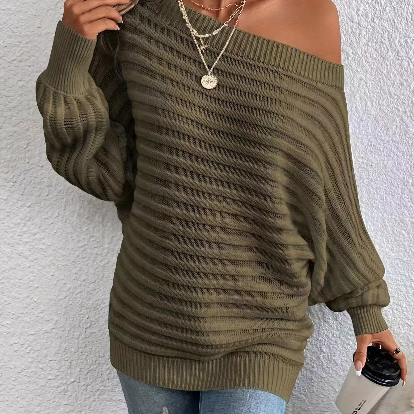 Slant Shoulder Solid Color Sweater, Elegant Lantern Sleeve Loose Knitted Top For Spring & Fall, Women's Clothing