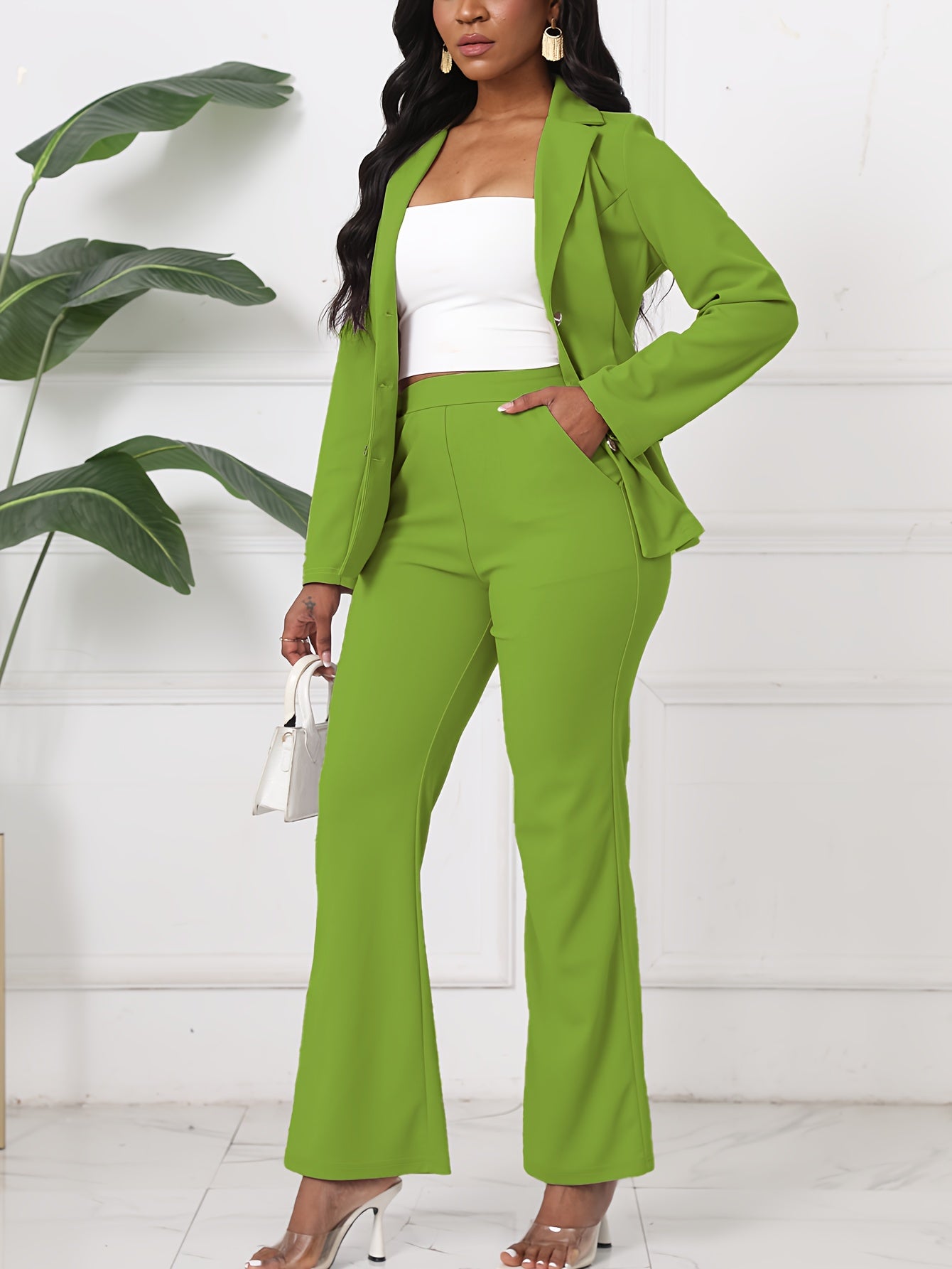 Womens Elegant Long Sleeve Lapel Collar Blazer & Fitted Pants Set - Solid Color, Mid Elasticity, Polyester Fabric, Button Detail, Middle East Style - Perfect for Work & Office Occasions