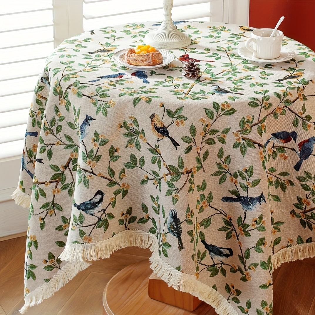 1pc, Exquisite Bird Embroidery Knitted Jacquard Tablecloth - Soft, Cozy, and Delicately Designed for Rustic Farmhouse Home Decor, Perfect for Christmas Decorations and as a Unique Gift