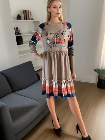 Knee-High Fit and Flare Plaid & Letter Print Dress - Crew Neck, Long Sleeve, Ruffle Hem, Micro Elasticity, Machine Washable - Casual Polyester Dress for Adult Women