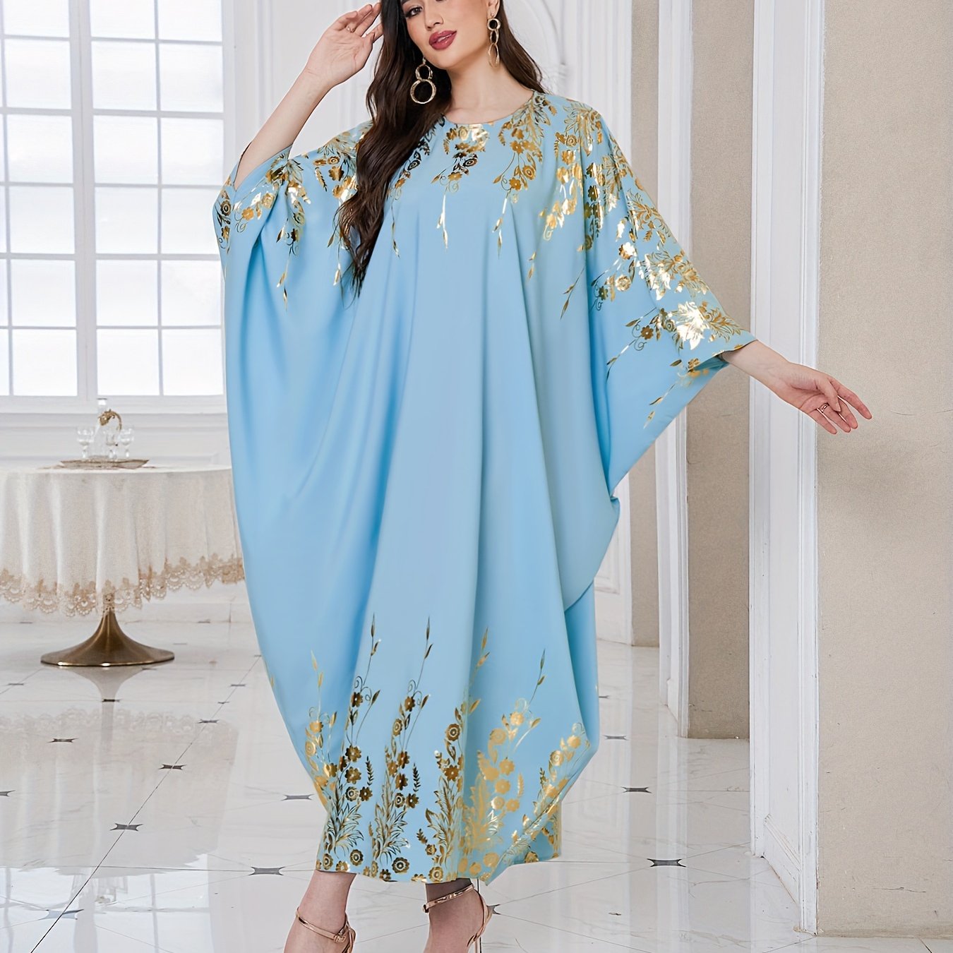 Stunning Floral Print Long Sleeve Maxi Abaya Dress - Elastic Polyester Crew Neck Elegant Middle Eastern Style - Machine Washable, Tribal Pattern, Spring/Summer/Fall Wear, Woven Fabric