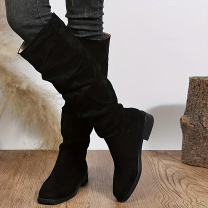 Women's Slouch Knee High Boots, Comfortable Square Toe Pull On Long Boots, All-Match Suedette Boots