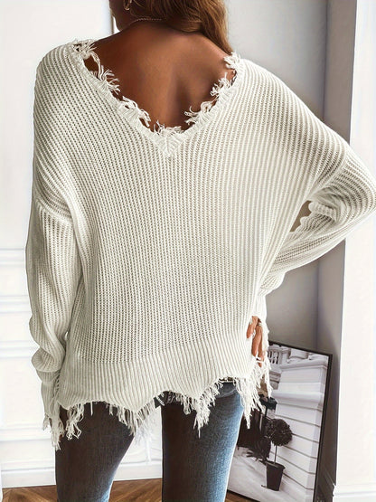 Cozy Distressed Crew Neck Batwing Sweater - Soft Ribbed Low Back, Long Sleeve, Fall & Winter Essential - Women's Fashion Clothing for Casual Style