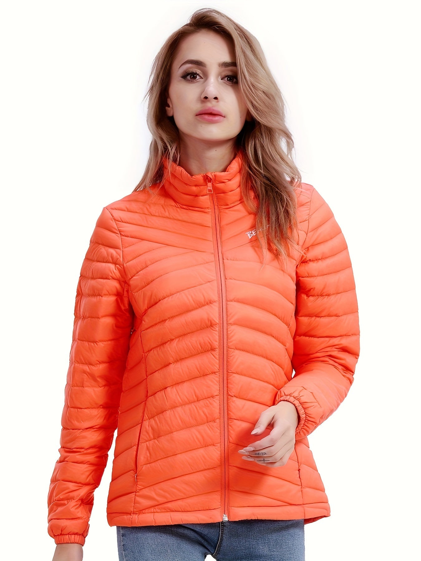 Womens Stylish Letter Embroidered Winter Jacket - Warm Thermal Insulation, Elastic Cuffs, Full Zip, Packable Down Coat for Ultimate Comfort and Convenience