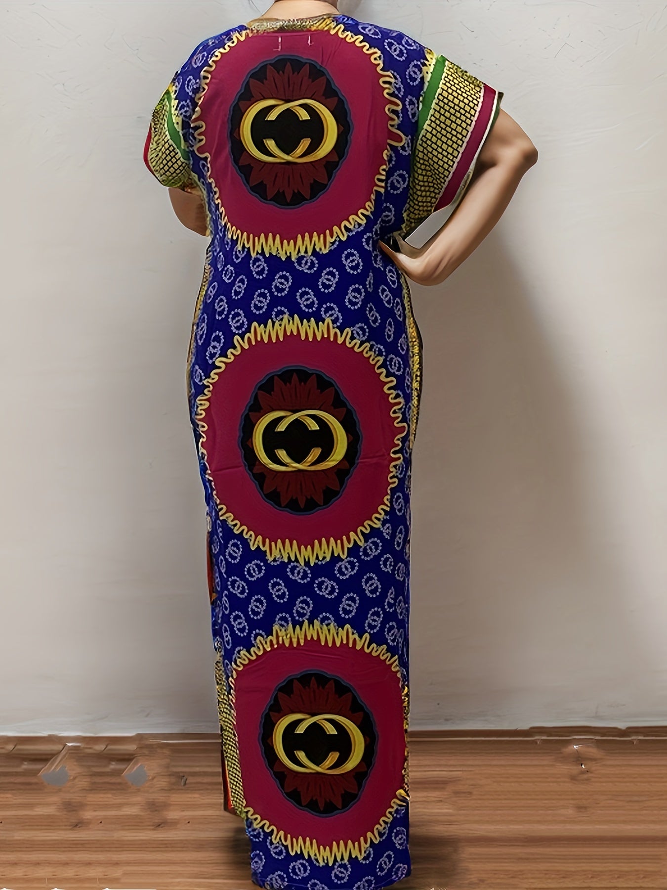 Vibrant Floral Print Maxi Kaftan Dress - Elegant Crew Neck, Embroidered, Long Length, Acetate Fabric, Middle East Style, All-Season Wear - Womens Vintage Graphic Print Tunic