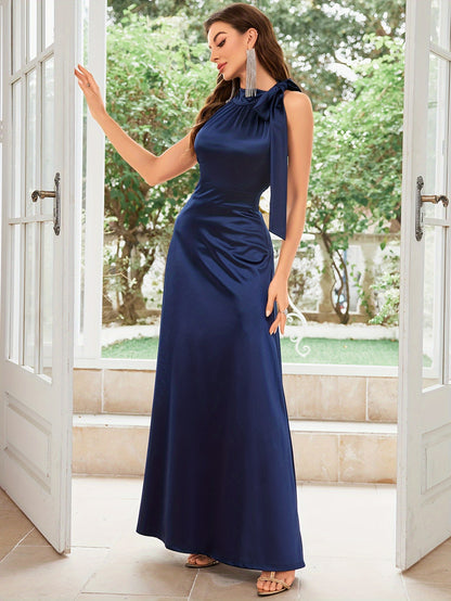 Satin Mock Neck Cocktail Dress, Elegant Sleeveless A-line Evening Dress For Party & Banquet, Women's Clothing Wedding/Evening dress/Occasion/Engagement/Ceremony