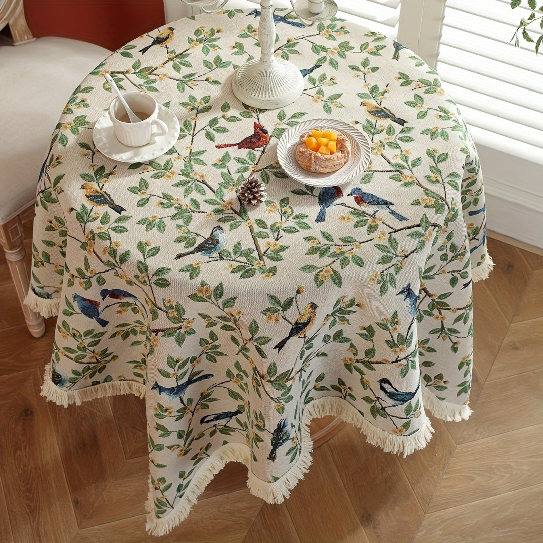 1pc, Exquisite Bird Embroidery Knitted Jacquard Tablecloth - Soft, Cozy, and Delicately Designed for Rustic Farmhouse Home Decor, Perfect for Christmas Decorations and as a Unique Gift