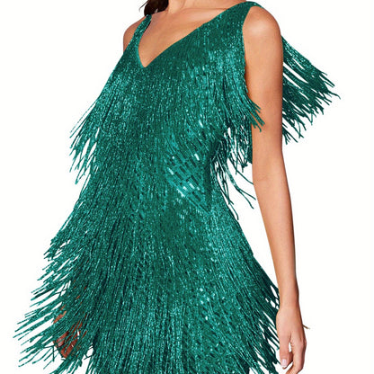 Women 1920s Sequin Dress V Neck Flapper Gatsby Homecoming Dresses Fringe Wedding Club Party Evening Gown