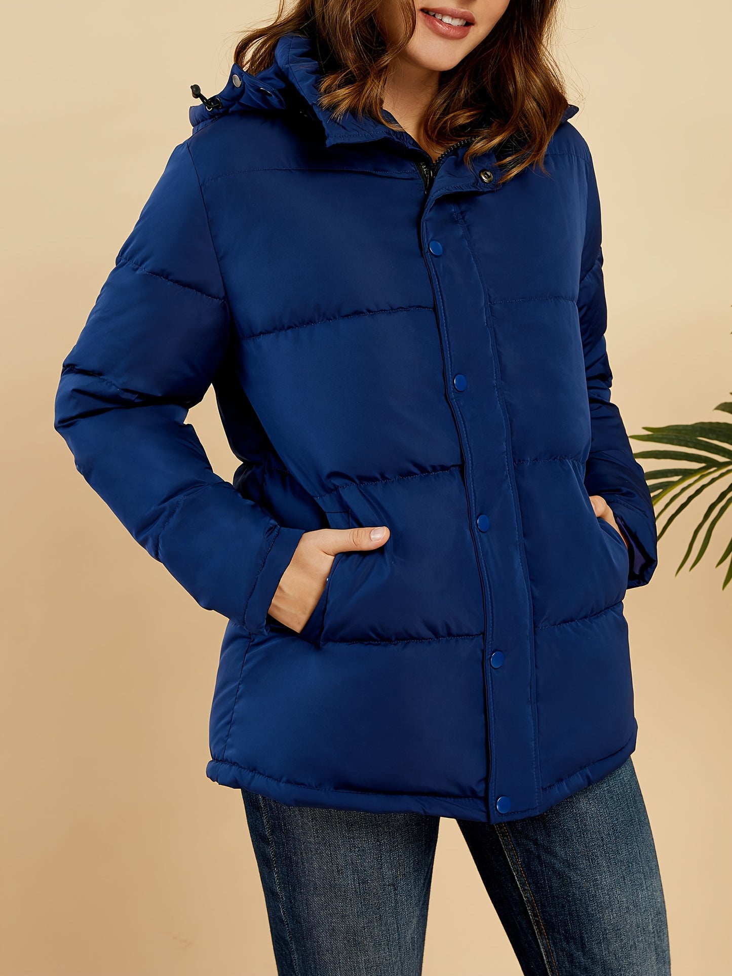 Womens Chic Hooded Button-Front Coat - Solid Color, Long Sleeve Winter Warmth - Durable Outerwear for Casual Style