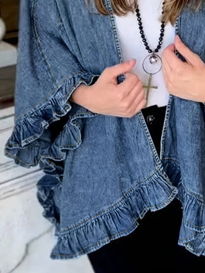 Stylish Women's Ruffle Hem Denim Jacket - Fashionable Casual Jean Top with Sexy Style, Adjustable Fit, and Classic Outerwear Design for Ladies