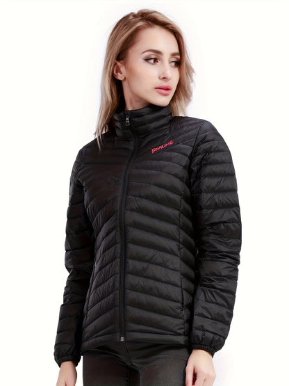 Womens Stylish Letter Embroidered Winter Jacket - Warm Thermal Insulation, Elastic Cuffs, Full Zip, Packable Down Coat for Ultimate Comfort and Convenience