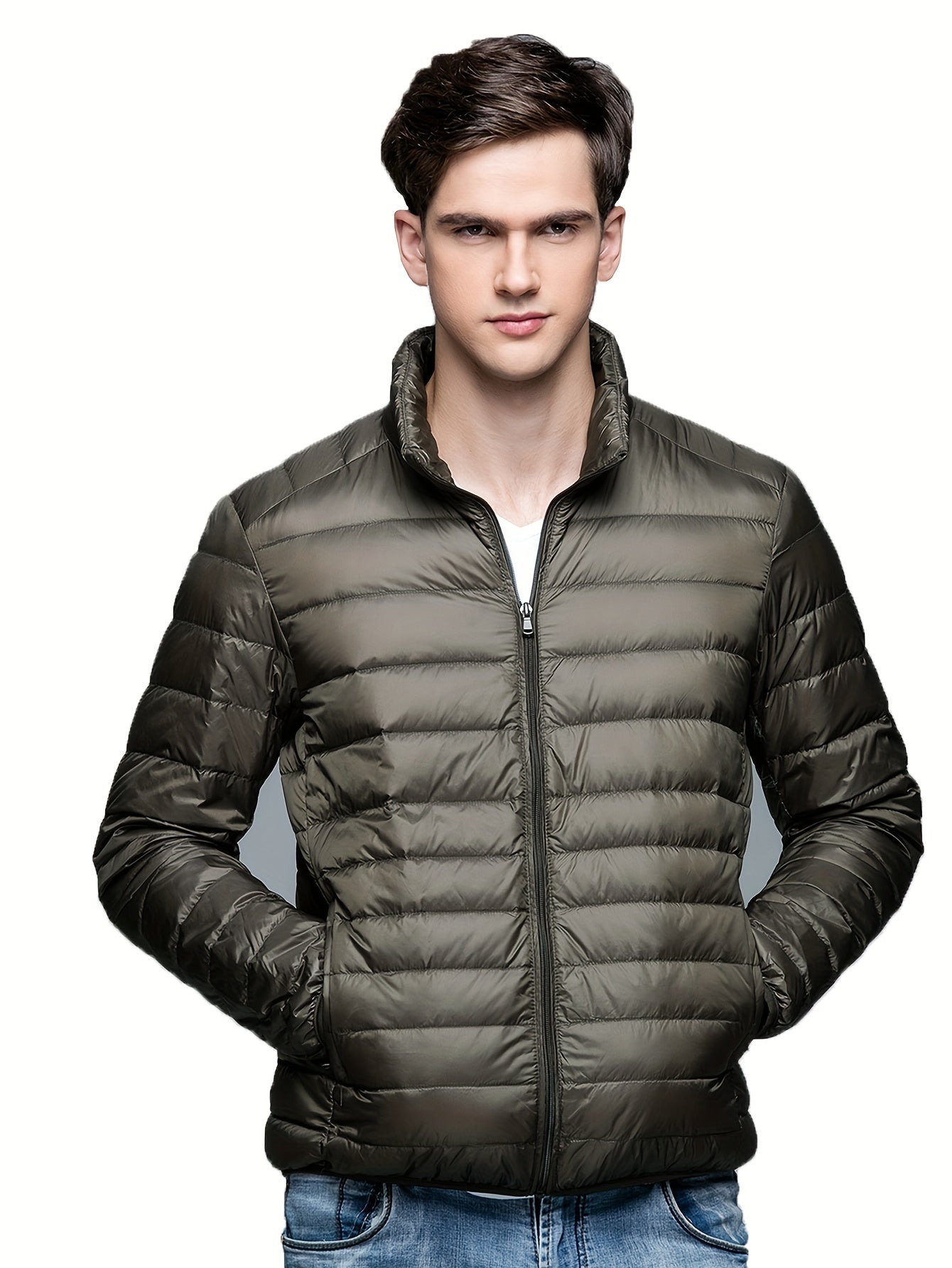 Mens Quilted Puffer Jacket - Windproof & Breathable - Stand Collar Zip Up with Multipurpose Pockets - Warm & Comfortable Long Sleeve for All-Season Outdoor Adventures