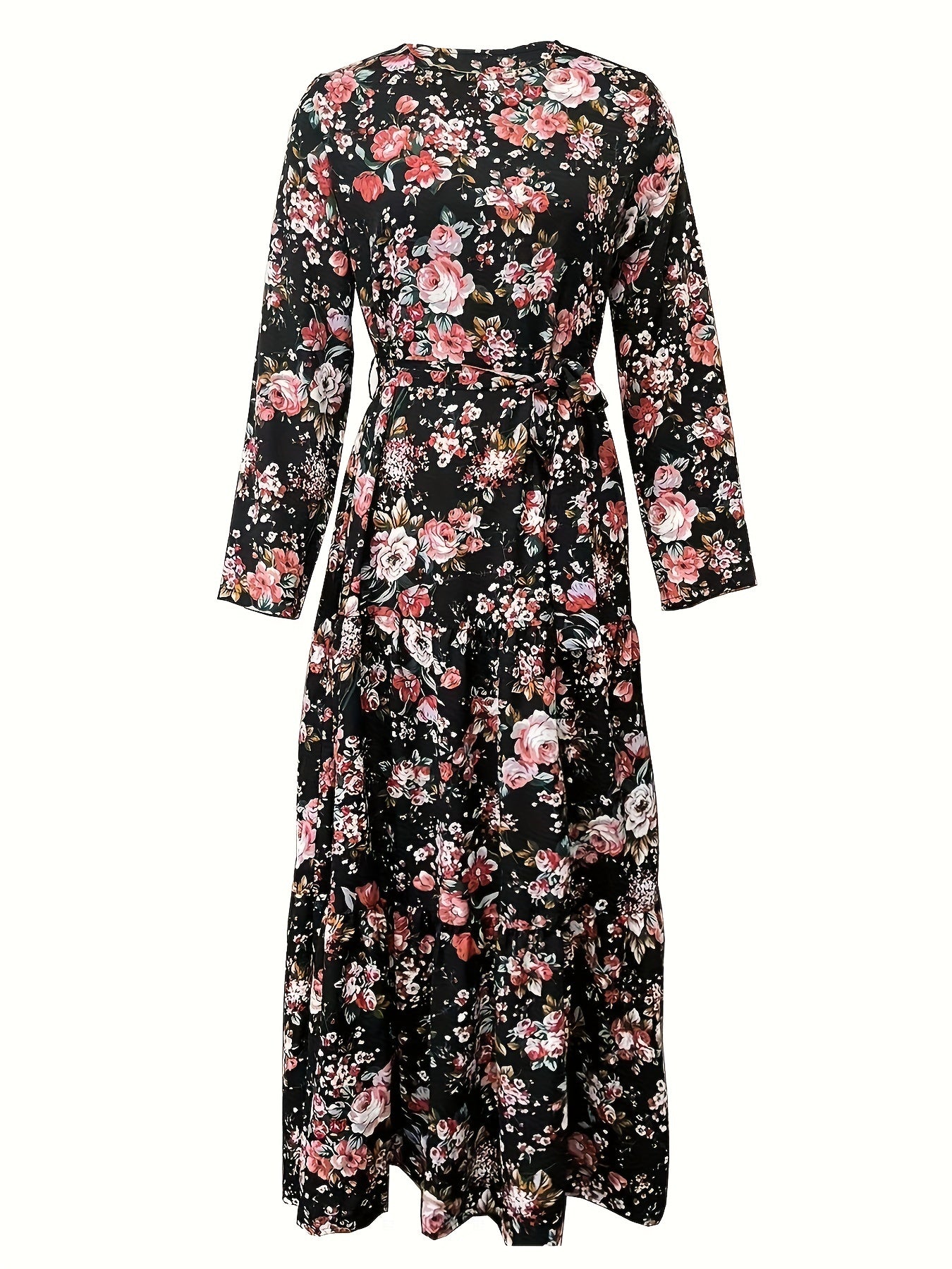 Ramadan Elegant Floral Print Crew Neck Long Sleeve Maxi Abaya - Polyester Woven, Machine Washable, No Sheer, No Elasticity, Random Printing - Perfect for Spring, Summer, and Fall Seasons