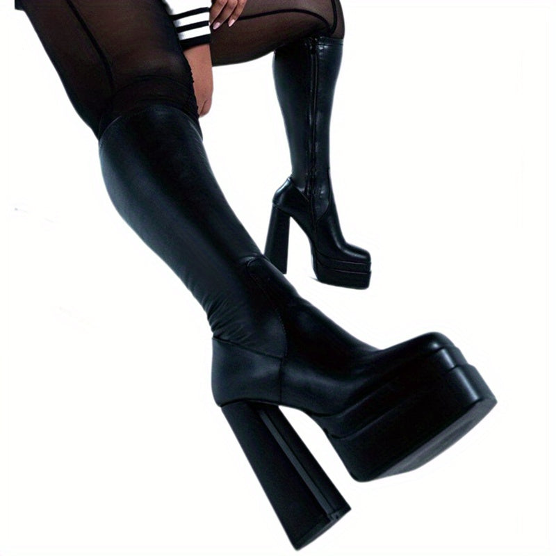 Women's Platform Knee High Boots, Solid Color Block Heel Square Toe Side Zipper Boots, Fashion Black Faux   Stylish Boots