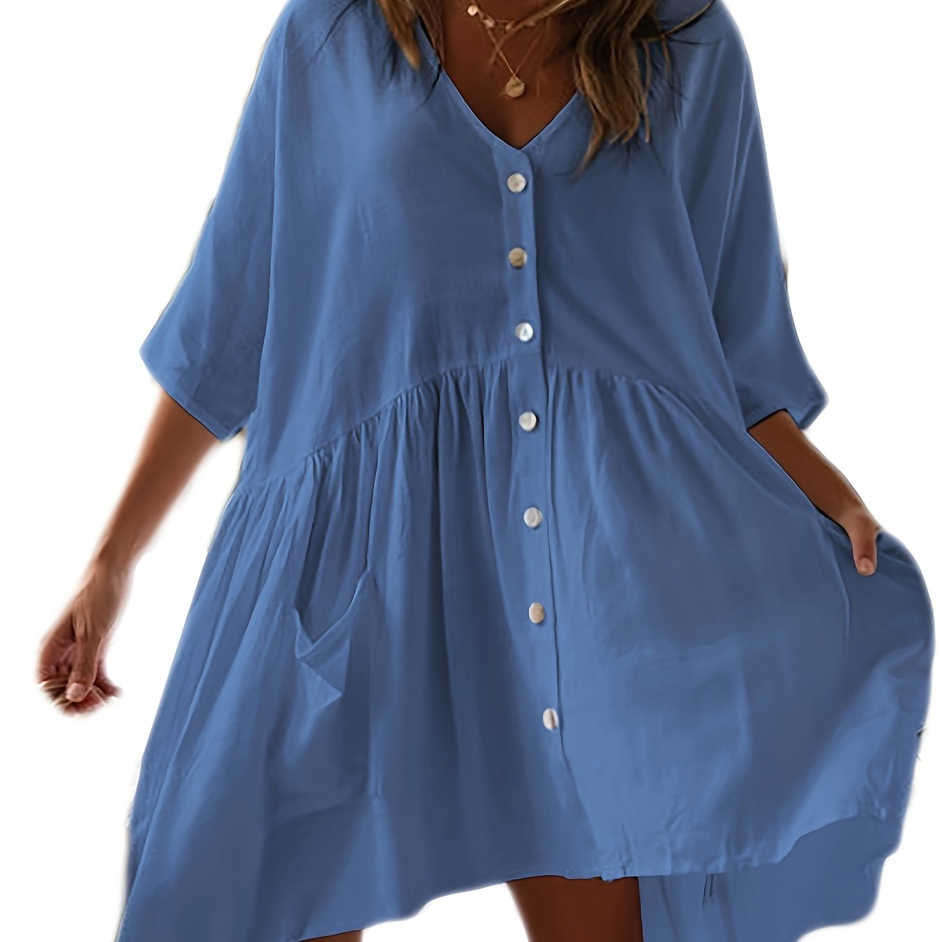 Chic Solid Color Loose-Fitting Dress - Versatile Button Front & Pockets - Perfect Half Sleeve Vacation Wear Coverup for Beach Days