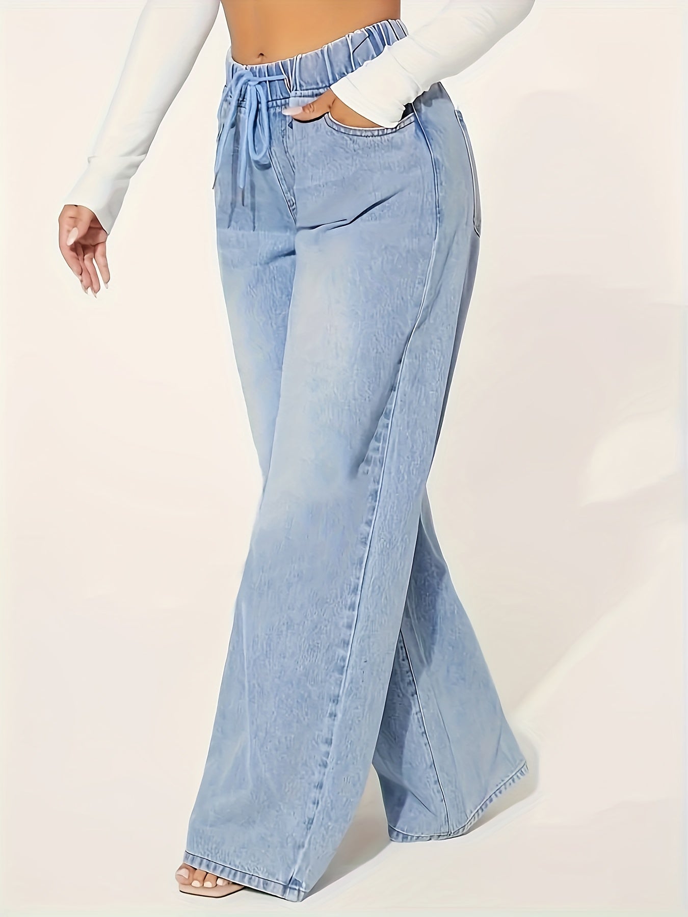 Long Length Wide Leg Medium Stretch Denim Jeans - Soft, Comfortable, Versatile Drawstring Waist Trouser Pants for Spring/Fall - Hand Wash, Customized Style, Solid Color, No Printing, All-Season Wear