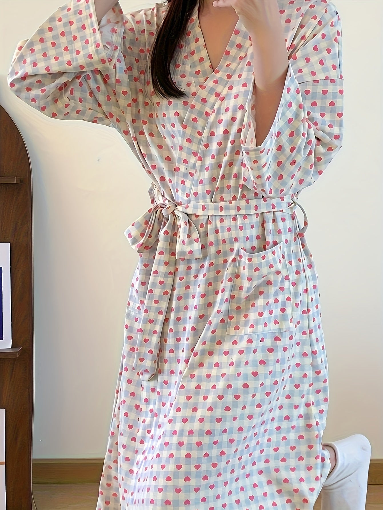 Elegant Heart Plaid Pattern Lounge Robe For Fall & Winter, Long Sleeve V Neck Robe With Belt, Women's Loungewear & Dresses