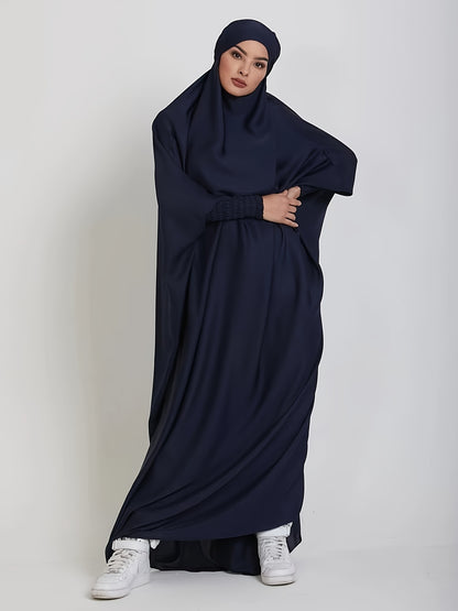 Muslim Long Batwing Sleeve Dress, Modest Solid Color Maxi Length Loose Hijab Kaftan Dress, Women's Clothing