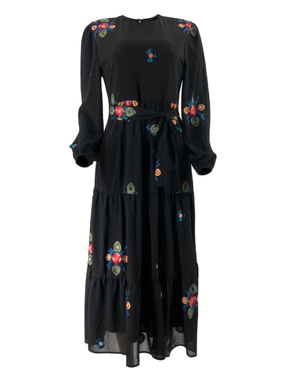 Casual Elegance Year-Round: Maxi Floral Tie-Front Dress with Easy-Care Fabric & Chic Color Block Design