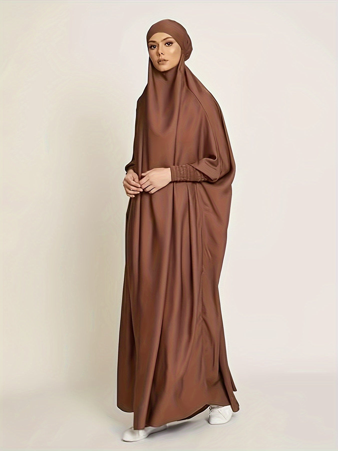 Muslim Long Batwing Sleeve Dress, Modest Solid Color Maxi Length Loose Hijab Kaftan Dress, Women's Clothing