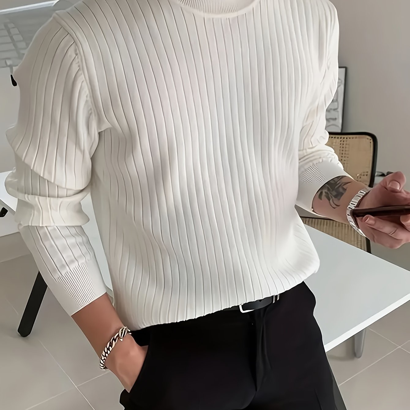 Men's Fashion Casual Crew Neck Long Sleeve Knit Sweater, Regular Fit Ribbed Pullover Tops For Spring And Fall