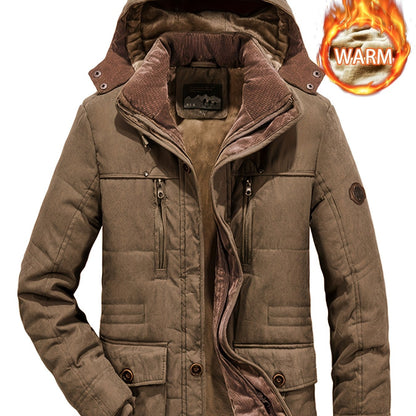 Winter Explorer's Dream - Ultra-Warm, Windproof, and Water-Resistant Hooded Jacket with Plush Retro Design for Men - Perfect for Autumn, Winter, and Snowy Days Outdoors