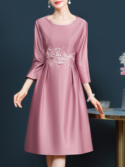 Stunning Pink Embroidered 3/4 Sleeve Mid-Length Dress for Mother of the Bride or Wedding Guest - Slimming, Elegant, and Sophisticated - Perfect for Formal Occasions and Special Events