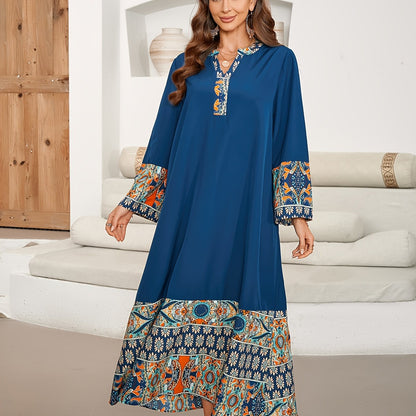 Vibrant Ramadan Kaftan Dress - Elegant Long Sleeve Notched Neck Maxi Length Loose Fit Color Block Print Ethnic Clothing for Women - Perfect for Modest Fashion and Special Occasions