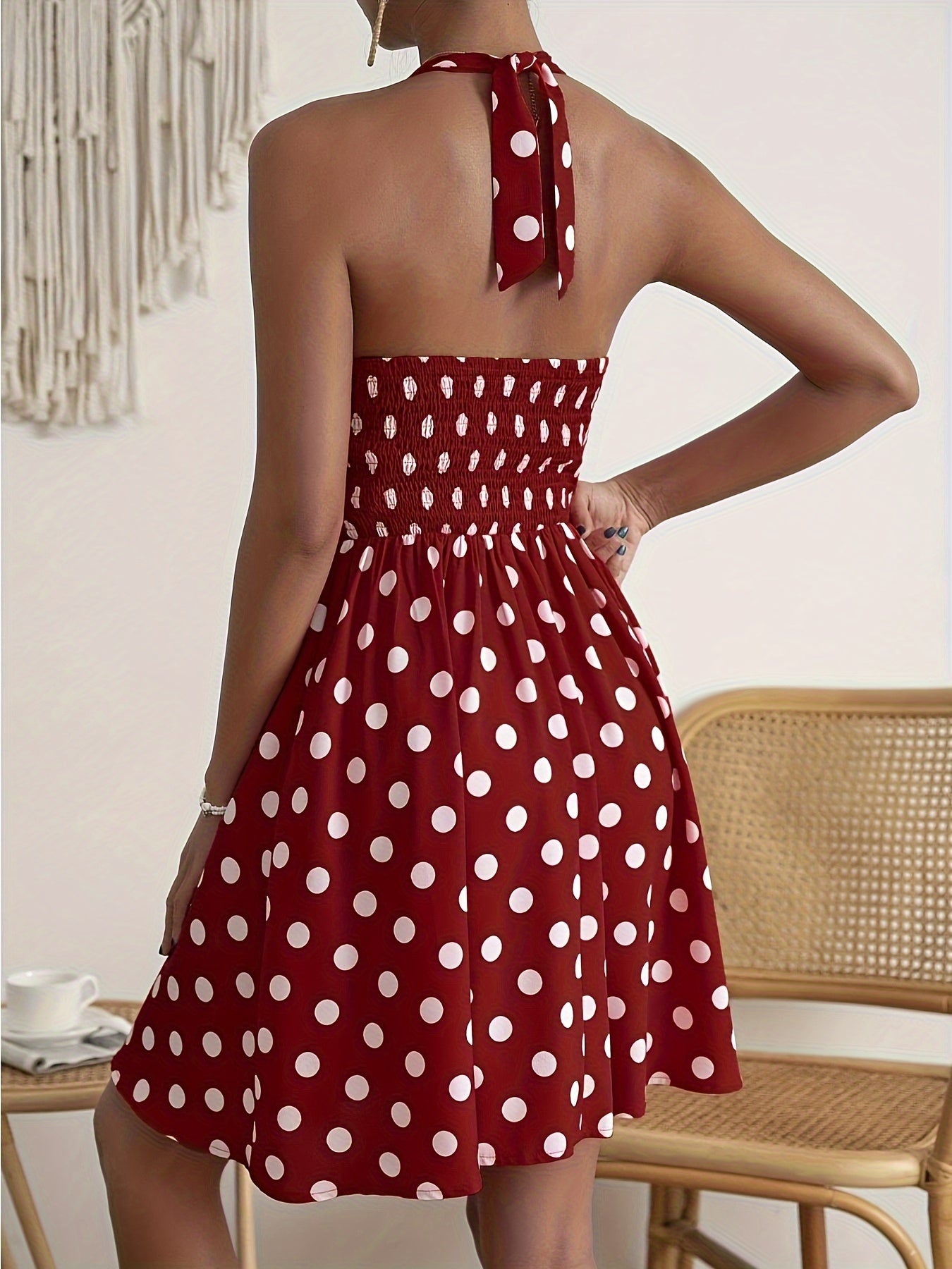 Vibrant Polka Dot Halter Neck A-line Dress - Backless, Elegant, Spring & Summer Essential - Women's Clothing for Chic Ladies