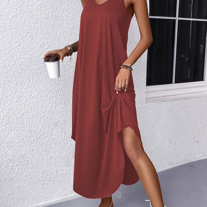 Vibrant Solid V-Neck Cami Dress - Elegant Sleeveless Spaghetti Strap Design, Mid-Elastic Polyester Fabric, Perfect for Spring and Summer - Womens Versatile and Comfortable Clothing for Everyday Wear