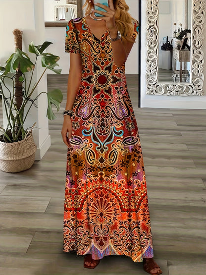 Bohemian V-Neck Maxi Dress - Floral Design - Soft Fabric - Casual & Festive Wear