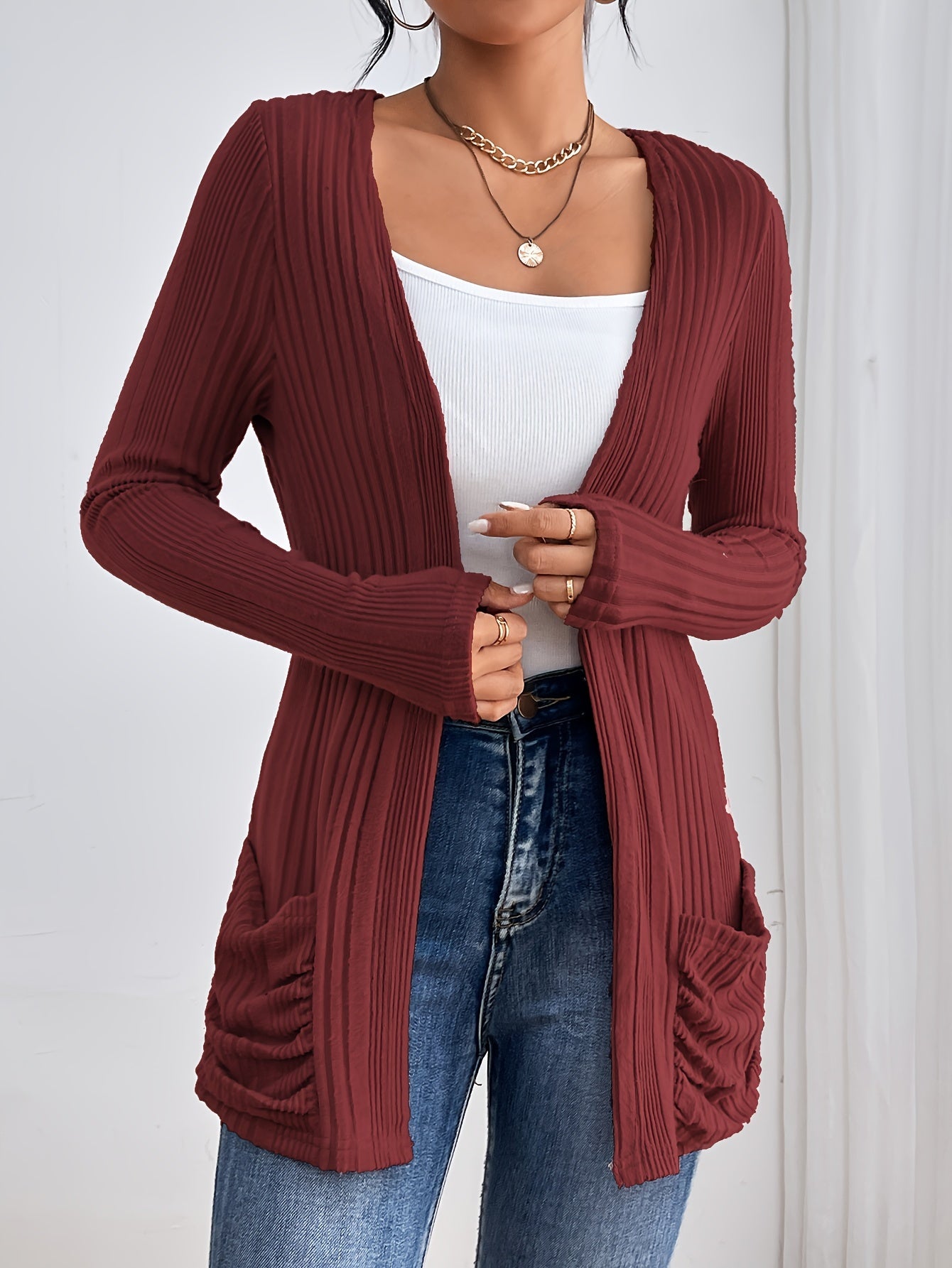 Solid Open Front Rib Knit Cardigan, Casual Long Sleeve Slim Cardigan With Pocket, Women's Clothing