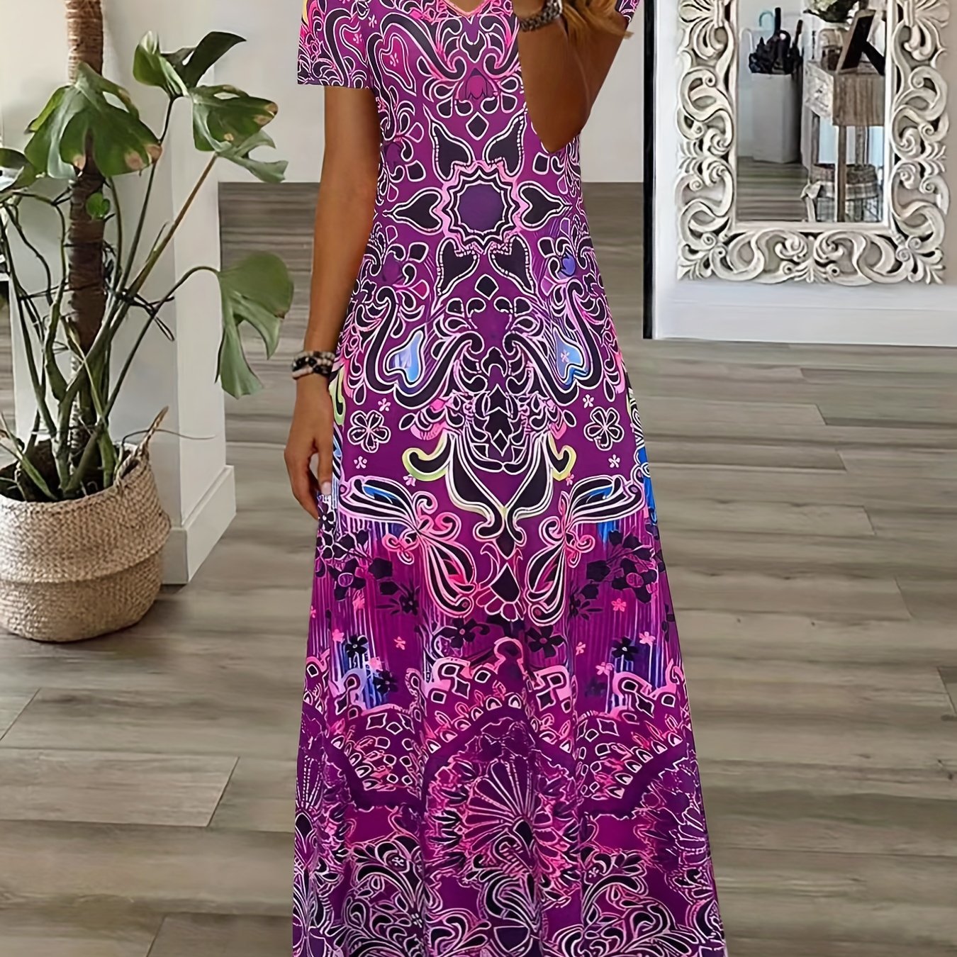 Bohemian V-Neck Maxi Dress - Floral Design - Soft Fabric - Casual & Festive Wear