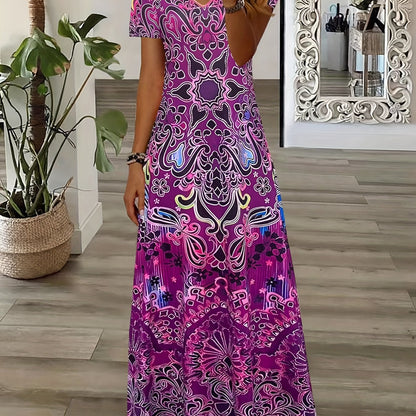 Bohemian V-Neck Maxi Dress - Floral Design - Soft Fabric - Casual & Festive Wear