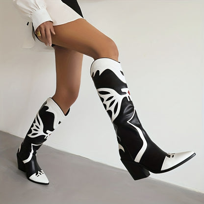 Women's Stylish Printed Chunky Heel Boots, Fashion Pointed Toe Western Boots, Women's Retro Boots