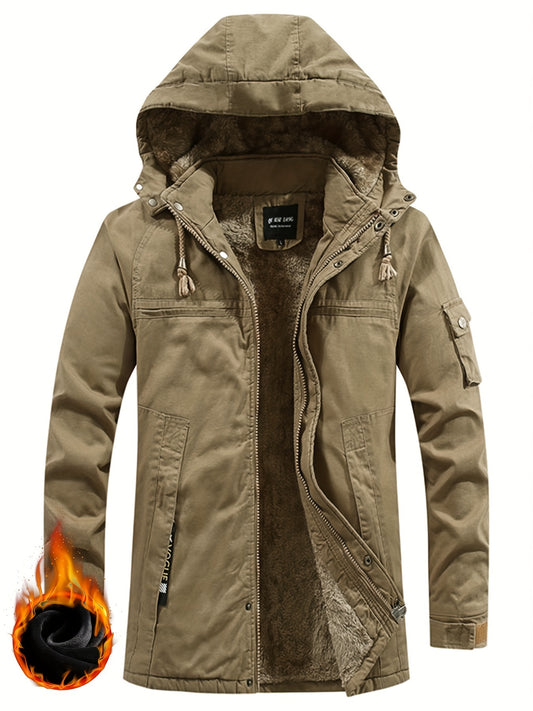 Men's Winter Hooded Jacket With Removable Hood And Fleece Lining - Warm Thickened Outdoor Work Jacket With Pockets