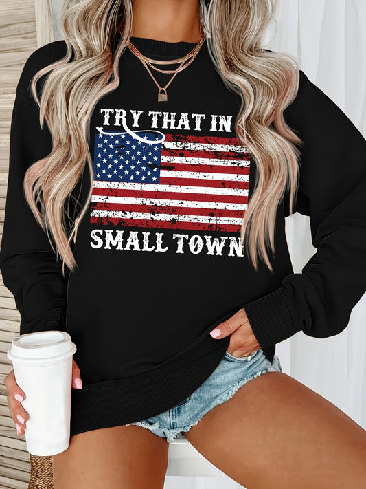 Womens Patriotic Flag Sweatshirt - Comfortable Crew Neck, Long Sleeve, Trendy Slogan Design - Perfect for Fall & Winter Styling