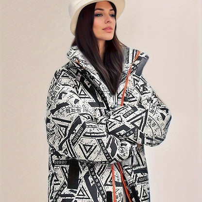 Geo Print Zip Up Parka, Casual High Neck Long Sleeve Winter Warm Outerwear, Women's Clothing